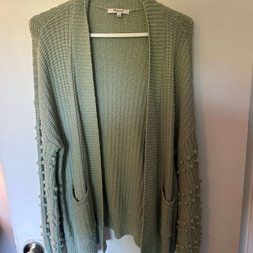 Madewell Sage Green Open-Front Knit Cardigan with Pom-Pom Sleeves